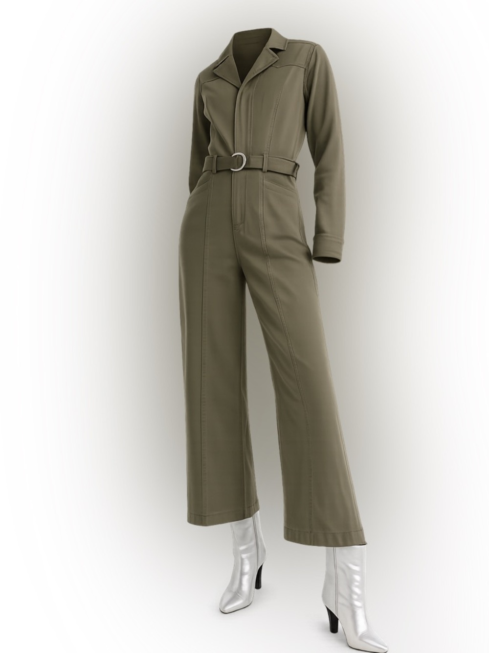 PAIGE Anessa Long‎ Sleeve Jumpsuit Size 12 Olive Green Wide Leg Zipper Front